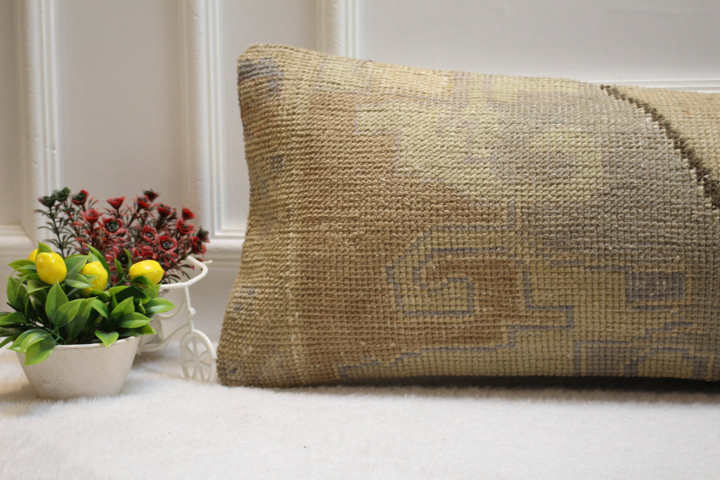 Beige Vintage Turkish Rug Lumbar Pillow Cover: Organic Wool, 12x36 inc