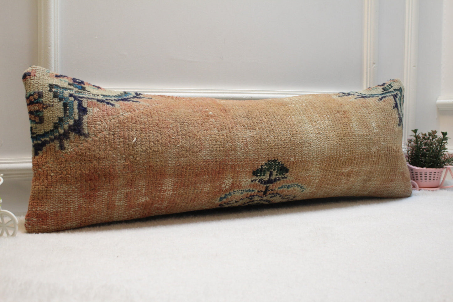 Handmade Turkish Lumbar Pillow Cover: Organic Wool Rug, 12x36 inch