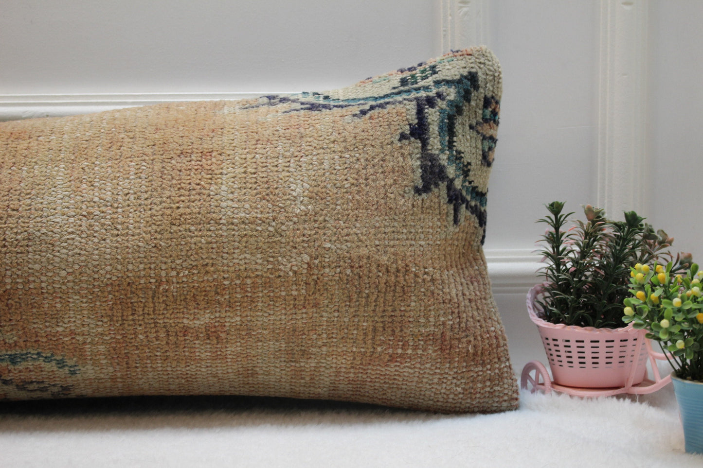 Handmade Turkish Lumbar Pillow Cover: Organic Wool Rug, 12x36 inch