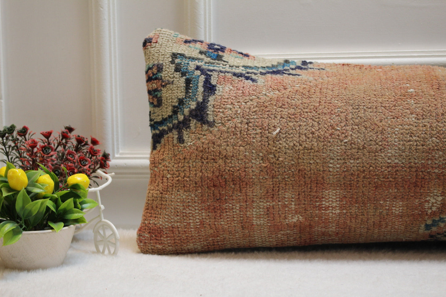 Handmade Turkish Lumbar Pillow Cover: Organic Wool Rug, 12x36 inch