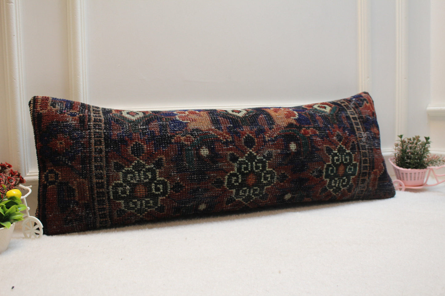 Handmade Turkish Rug Lumbar Pillow Cover: Organic Wool, 12x36 inch