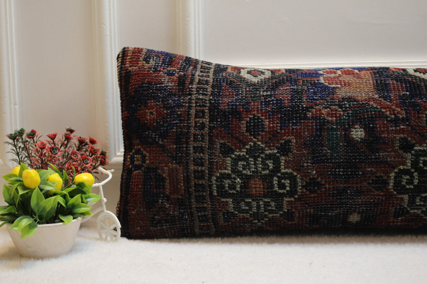 Handmade Turkish Rug Lumbar Pillow Cover: Organic Wool, 12x36 inch