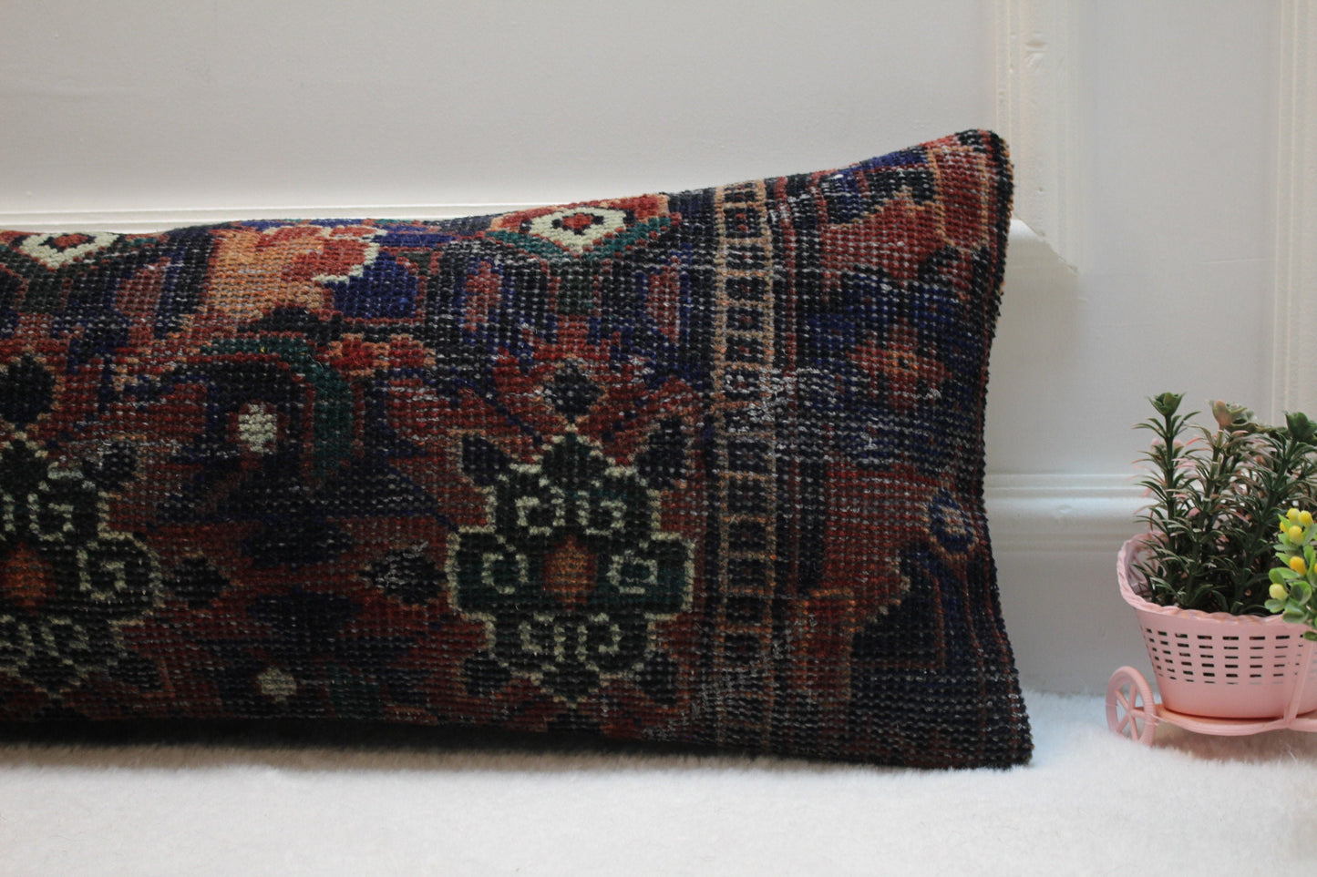 Handmade Turkish Rug Lumbar Pillow Cover: Organic Wool, 12x36 inch