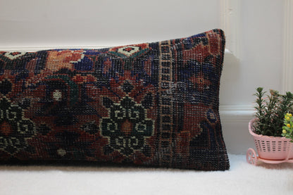 Handmade Turkish Rug Lumbar Pillow Cover: Organic Wool, 12x36 inch