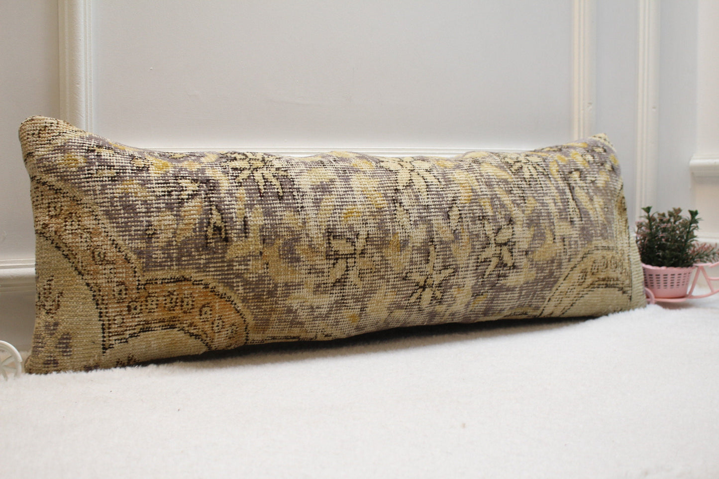 Floral Turkish Rug Lumbar Pillow Cover: Handmade Upcycled Kilim, 12x36