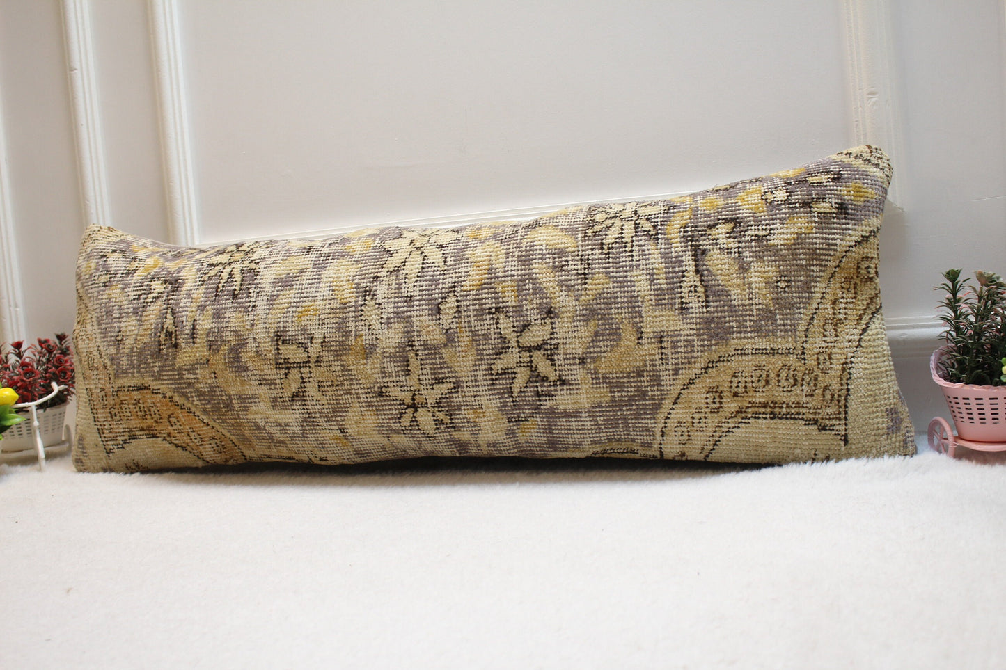 Floral Turkish Rug Lumbar Pillow Cover: Handmade Upcycled Kilim, 12x36