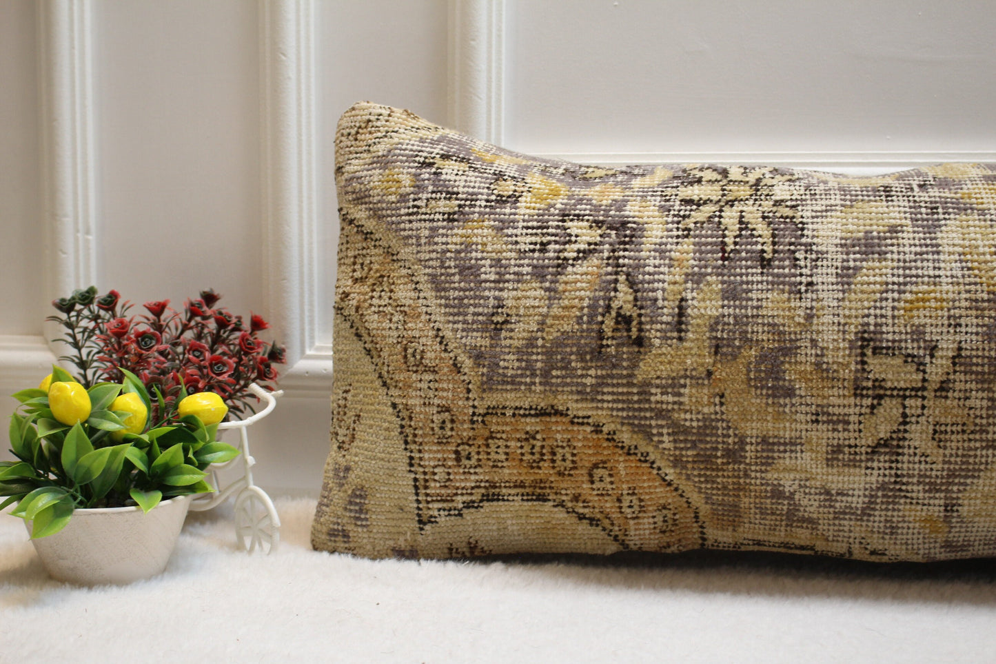 Floral Turkish Rug Lumbar Pillow Cover: Handmade Upcycled Kilim, 12x36