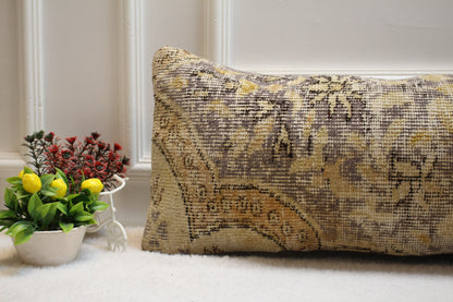 Floral Turkish Rug Lumbar Pillow Cover: Handmade Upcycled Kilim, 12x36