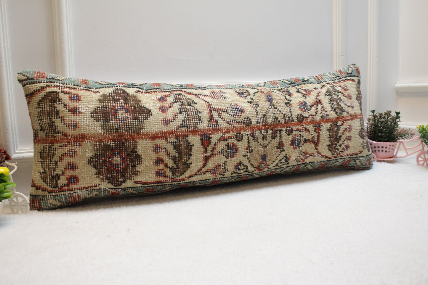 Handmade Turkish Rug Lumbar Pillow Cover: Floral Beige Wool (12x36 in)