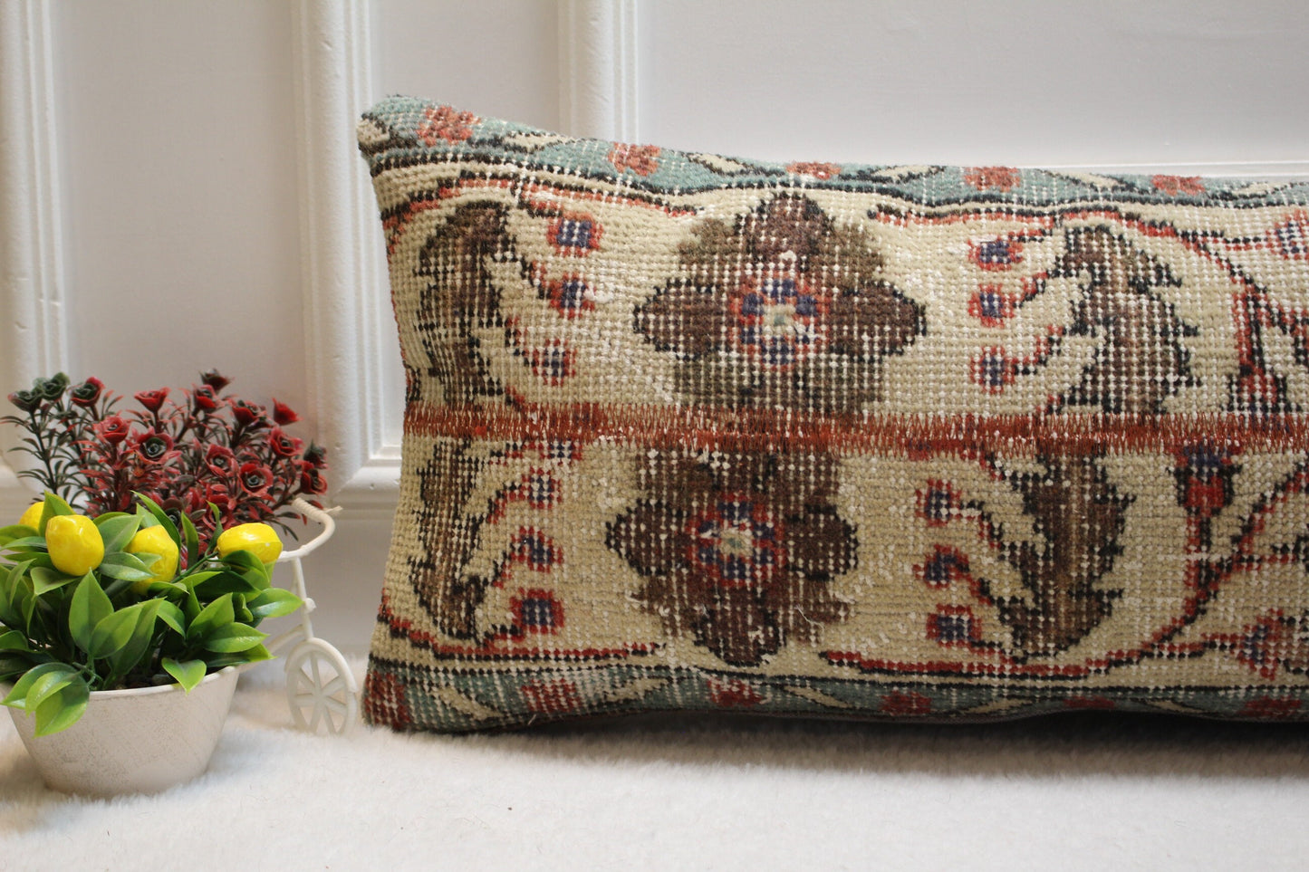 Handmade Turkish Rug Lumbar Pillow Cover: Floral Beige Wool (12x36 in)