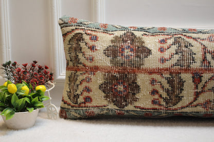 Handmade Turkish Rug Lumbar Pillow Cover: Floral Beige Wool (12x36 in)