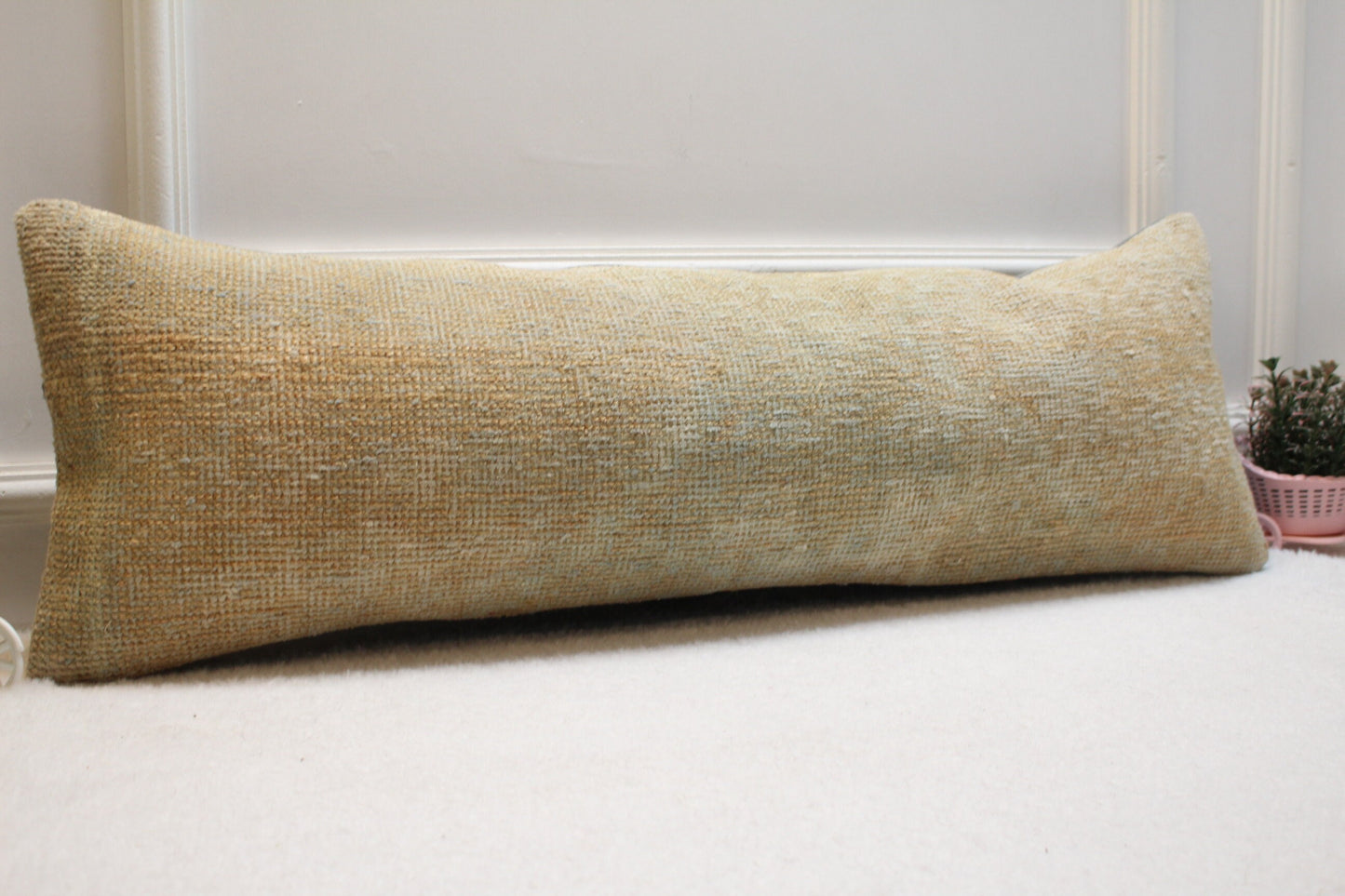 Handmade Turkish Rug Lumbar Pillow Cover: Upcycled Woven Wool, 12x36 inch