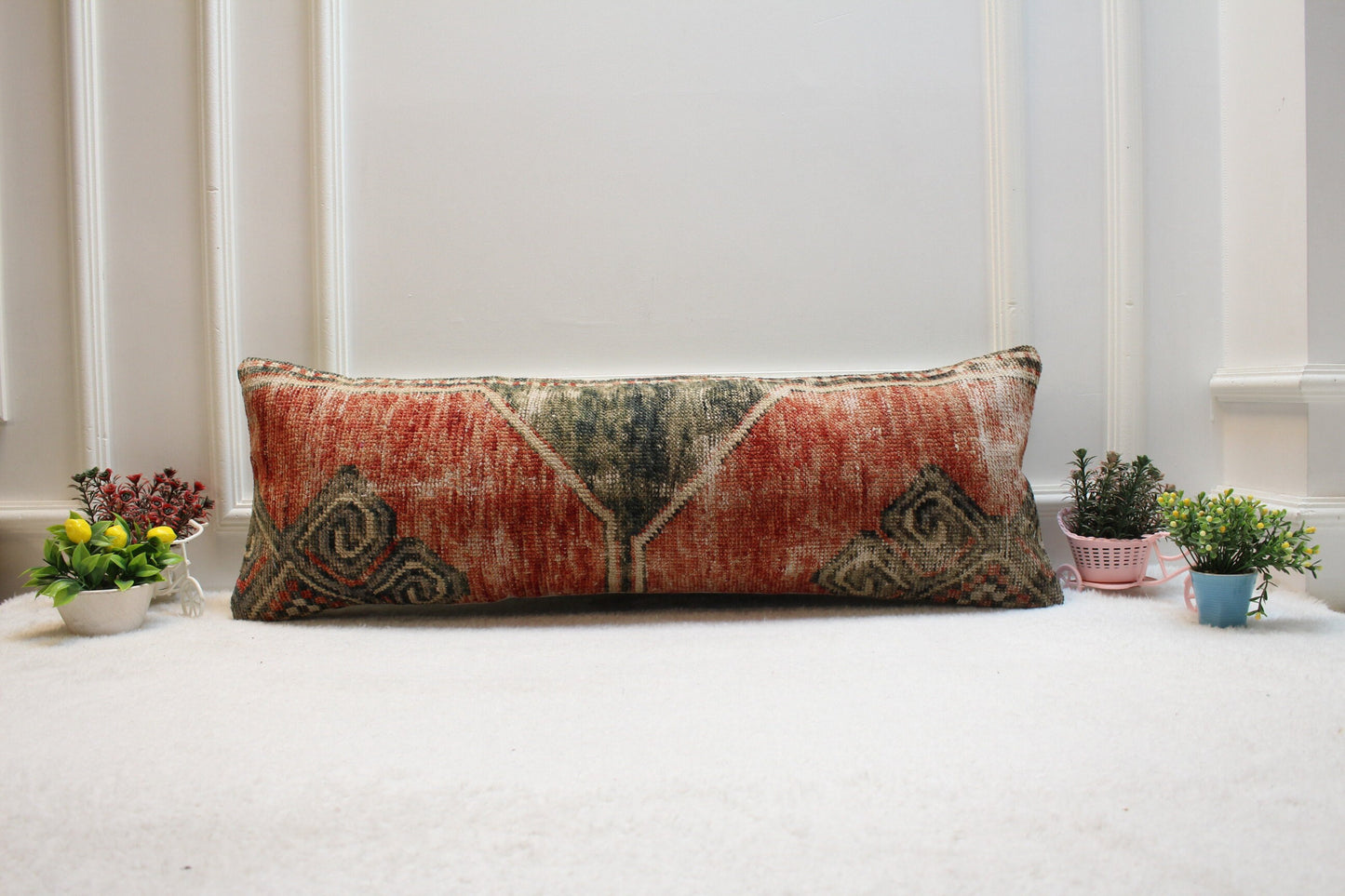 Vintage Turkish Rug Lumbar Pillow Cover: Red & Gray Wool, 12x36 inch