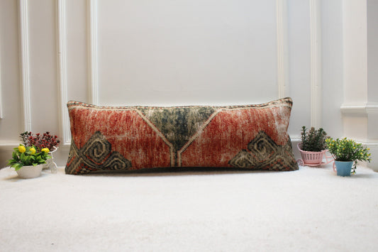 Vintage Turkish Rug Lumbar Pillow Cover: Red & Gray Wool, 12x36 inch