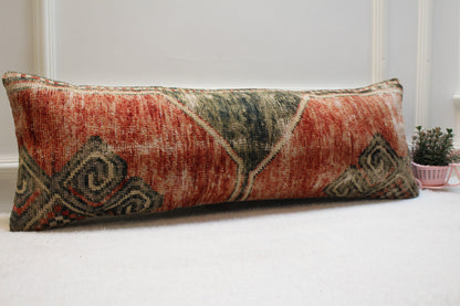 Vintage Turkish Rug Lumbar Pillow Cover: Red & Gray Wool, 12x36 inch