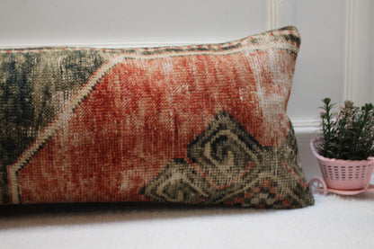 Vintage Turkish Rug Lumbar Pillow Cover: Red & Gray Wool, 12x36 inch