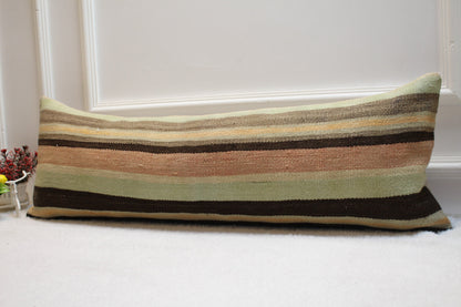 Striped Kilim Lumbar Pillow Cover: 12x36 inch, Upcycled Woven Rug