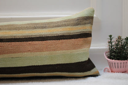 Striped Kilim Lumbar Pillow Cover: 12x36 inch, Upcycled Woven Rug
