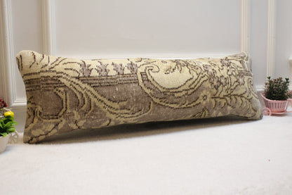 Handmade Floral Kilim Lumbar Pillow Cover: Upcycled Rug, 12x36 inch