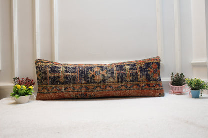 Geometric Turkish Rug Lumbar Pillow Cover: Vintage Woven Wool, 12x36 in