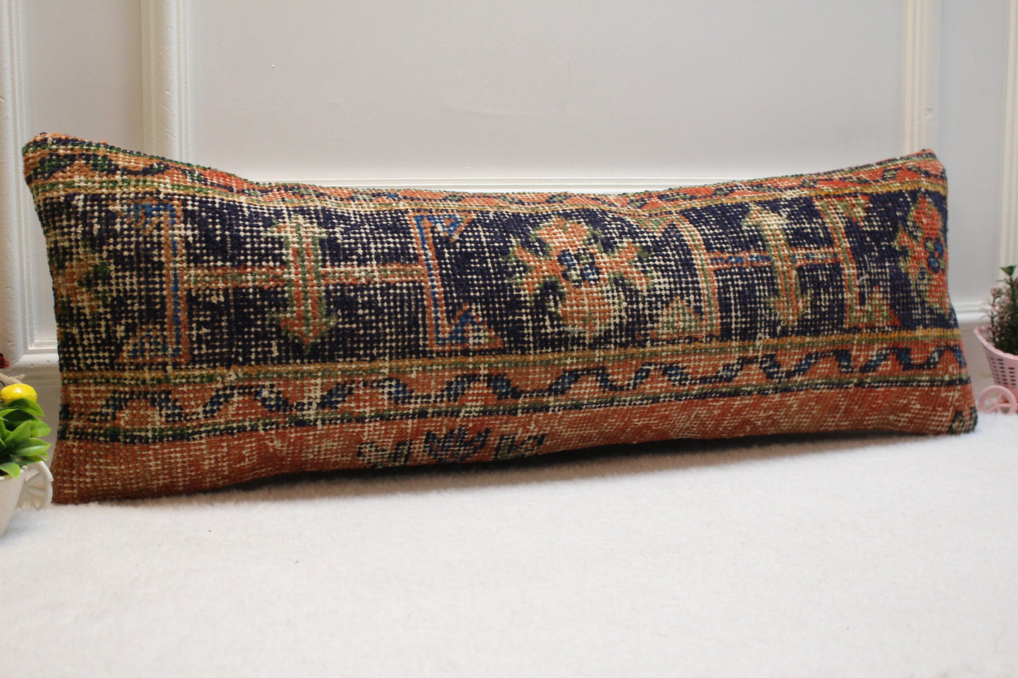 Geometric Turkish Rug Lumbar Pillow Cover: Vintage Woven Wool, 12x36 in