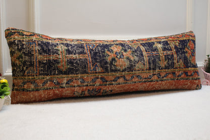 Geometric Turkish Rug Lumbar Pillow Cover: Vintage Woven Wool, 12x36 in