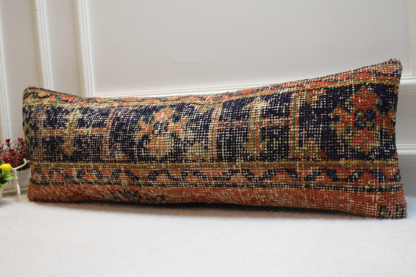 Geometric Turkish Rug Lumbar Pillow Cover: Vintage Woven Wool, 12x36 in