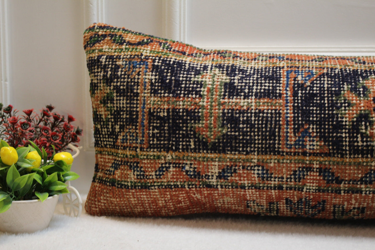 Geometric Turkish Rug Lumbar Pillow Cover: Vintage Woven Wool, 12x36 in