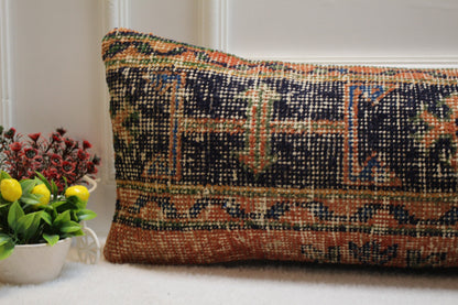 Geometric Turkish Rug Lumbar Pillow Cover: Vintage Woven Wool, 12x36 in
