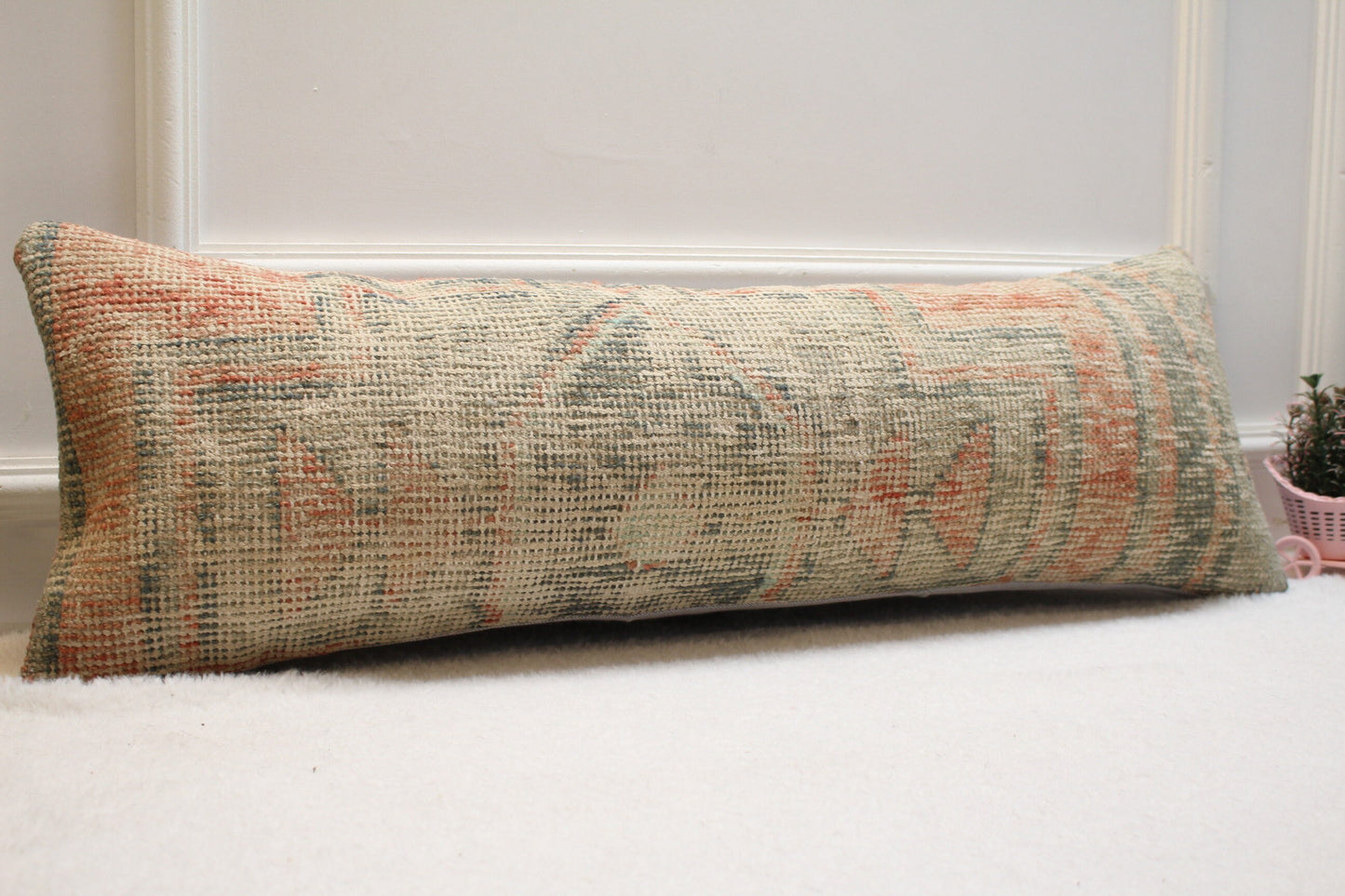 Beige Vintage Turkish Rug Pillow: Long Lumbar Pillow Cover (12x36 in)