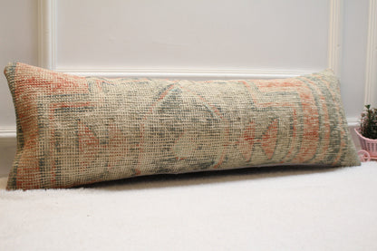 Beige Vintage Turkish Rug Pillow: Long Lumbar Pillow Cover (12x36 in)