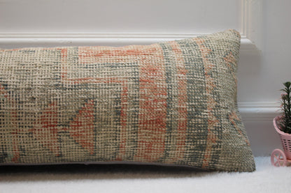 Beige Vintage Turkish Rug Pillow: Long Lumbar Pillow Cover (12x36 in)