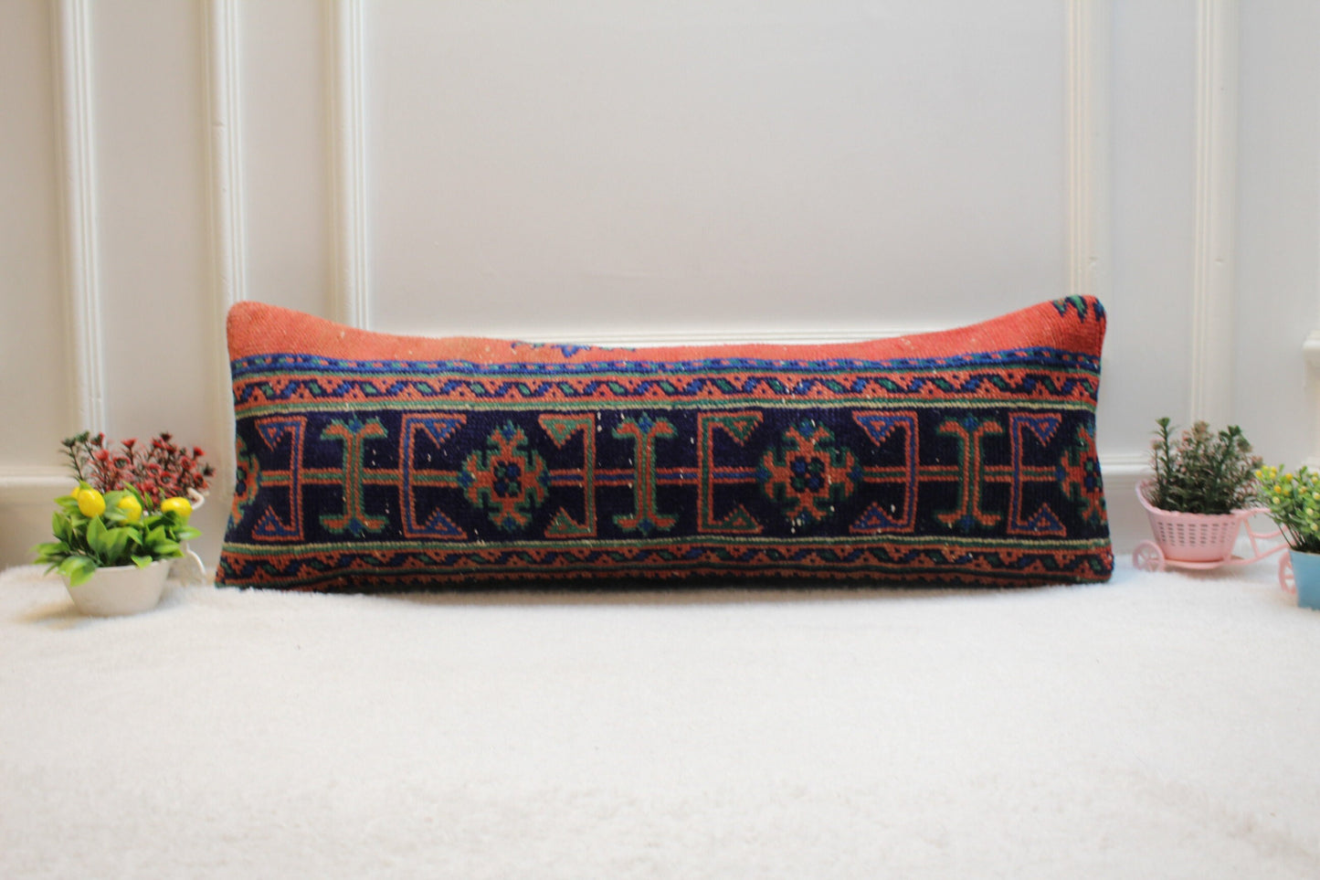 Handmade Long Lumbar Kilim Pillow Cover: Organic Wool Turkish Rug