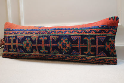 Handmade Long Lumbar Kilim Pillow Cover: Organic Wool Turkish Rug