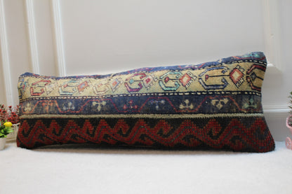 Lumbar Kilim Pillow Cover: Organic Wool, Boho Rug Pillow (12x36 inc.)