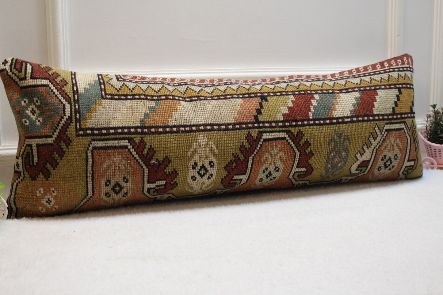Handmade Geometric Kilim Lumbar Pillow Cover: Organic Wool Boho Design (12x36 in)
