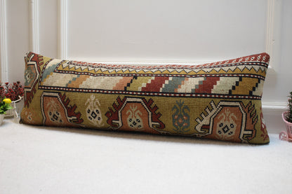 Handmade Geometric Kilim Lumbar Pillow Cover: Organic Wool Boho Design (12x36 in)