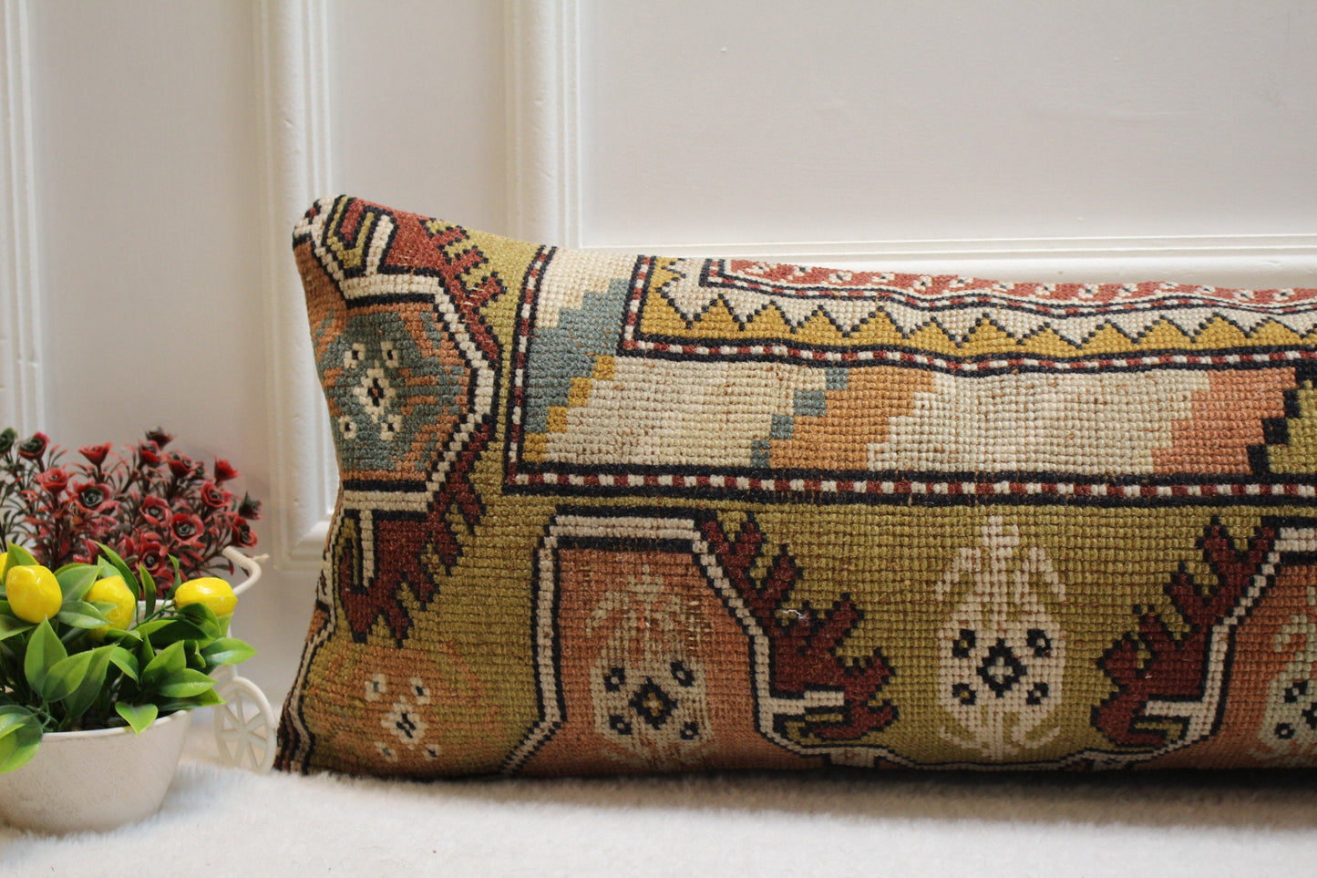 Handmade Geometric Kilim Lumbar Pillow Cover: Organic Wool Boho Design (12x36 in)