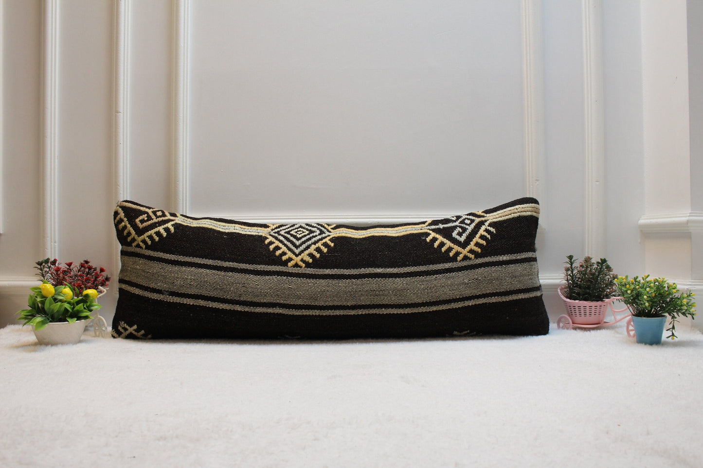 Ethnic Kilim Lumbar Pillow Cover: Organic Wool, 12x36 inch