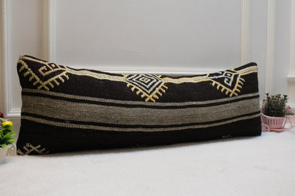 Ethnic Kilim Lumbar Pillow Cover: Organic Wool, 12x36 inch