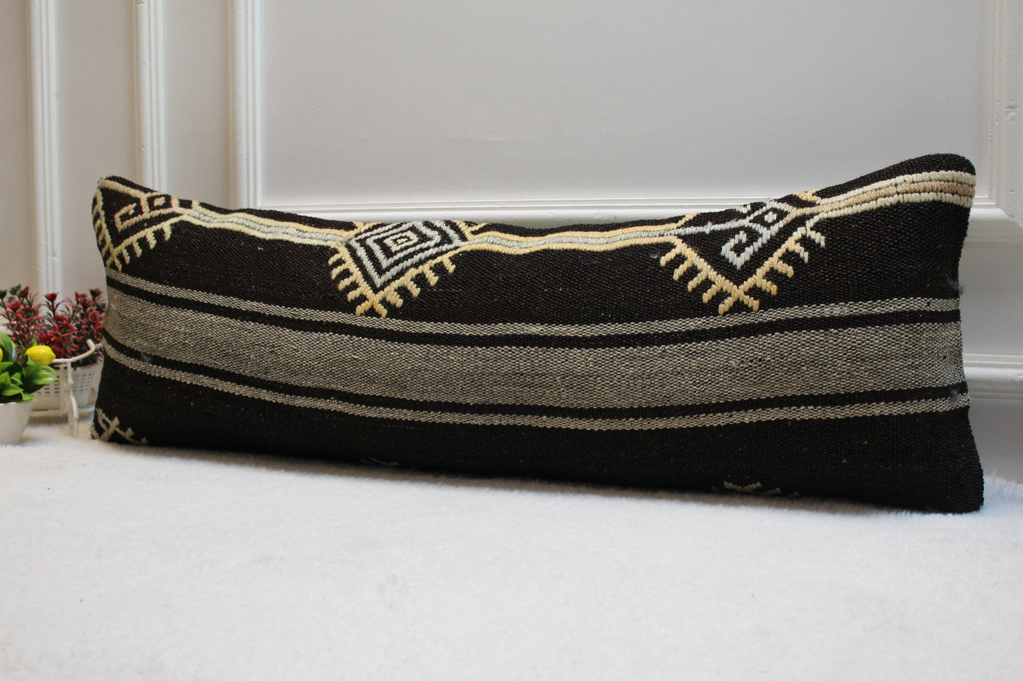 Ethnic Kilim Lumbar Pillow Cover: Organic Wool, 12x36 inch