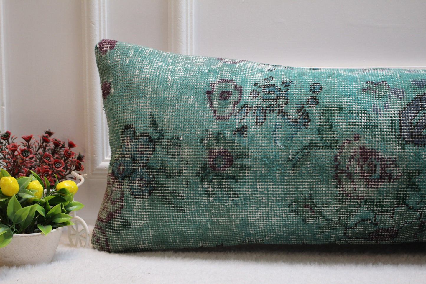 Green Wool Lumbar Pillow Cover: Vintage Anatolian Rug, 12x36 inch