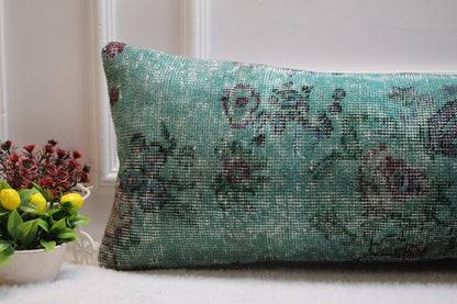 Green Wool Lumbar Pillow Cover: Vintage Anatolian Rug, 12x36 inch
