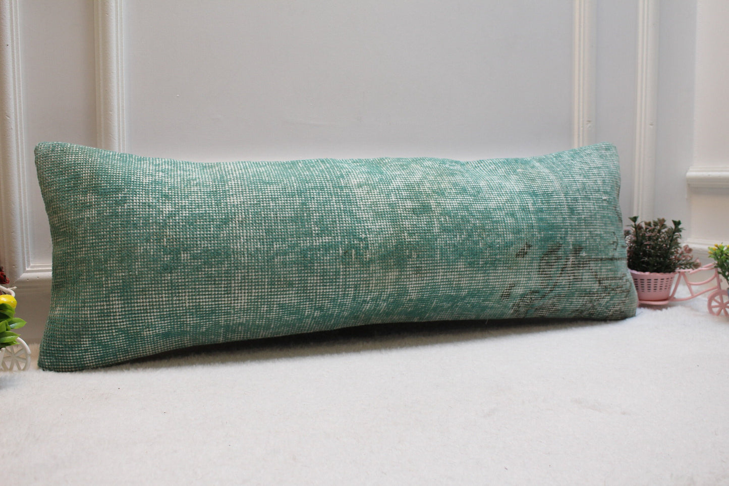 Green Vintage Rug Lumbar Pillow Cover: Organic Wool, 12x36 inch