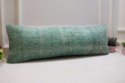 Green Vintage Rug Lumbar Pillow Cover: Organic Wool, 12x36 inch