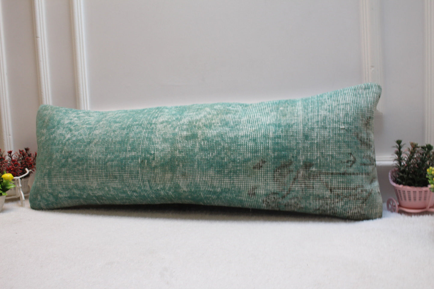 Green Vintage Rug Lumbar Pillow Cover: Organic Wool, 12x36 inch