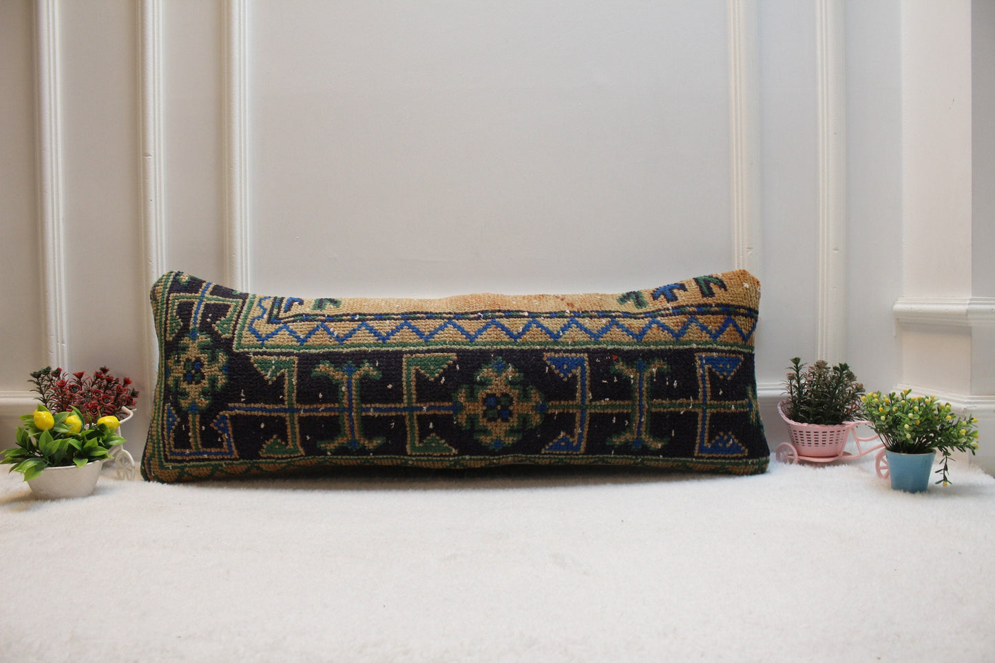 Handmade Kilim Lumbar Pillow Cover: Upcycled Woven Rug, Boho Decor (12x36 in)
