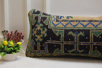 Handmade Kilim Lumbar Pillow Cover: Upcycled Woven Rug, Boho Decor (12x36 in)