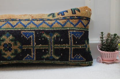 Handmade Kilim Lumbar Pillow Cover: Upcycled Woven Rug, Boho Decor (12x36 in)