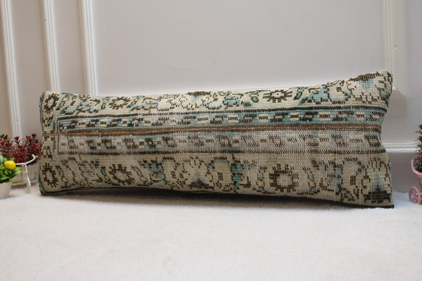 Handmade Kilim Lumbar Pillow Cover: Boho Woven Rug, 12x36 inch